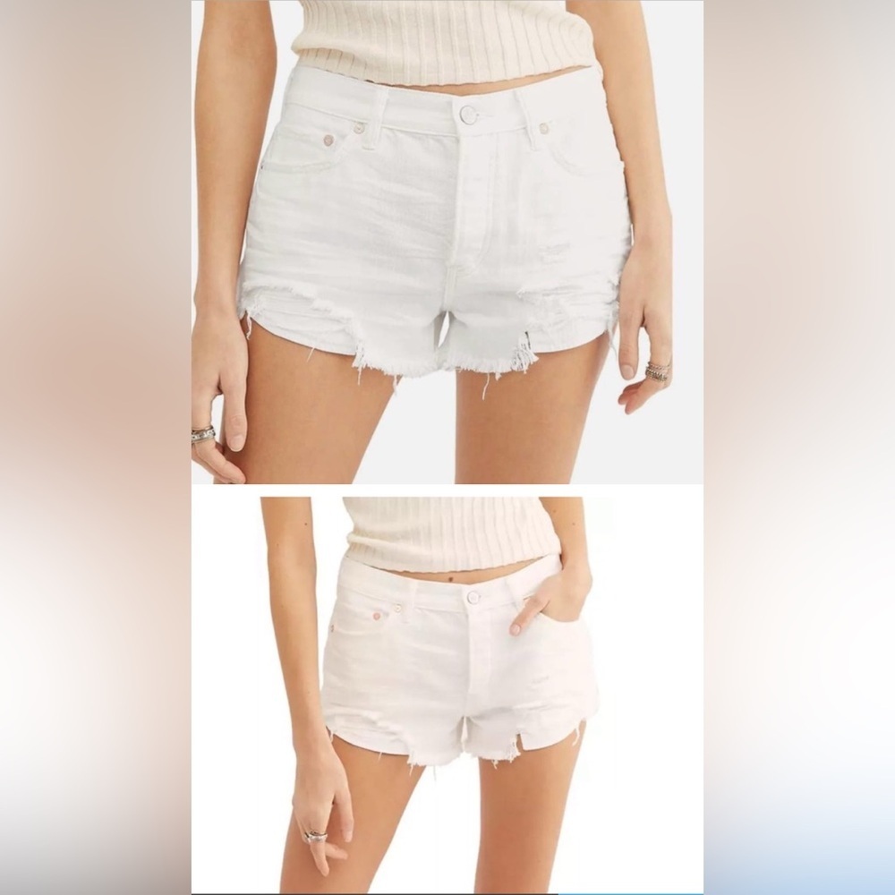 Free People We The Free Loving Good Vibrations Distressed Denim Shorts White